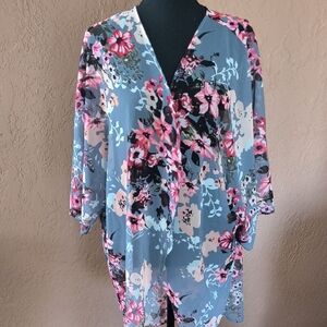 Gray and Pink Floral Kimono Cardigan